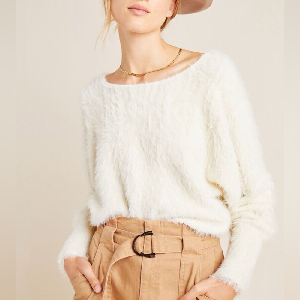 Anthropologie ember eyelash soft fuzzy sweater ivory cream size medium